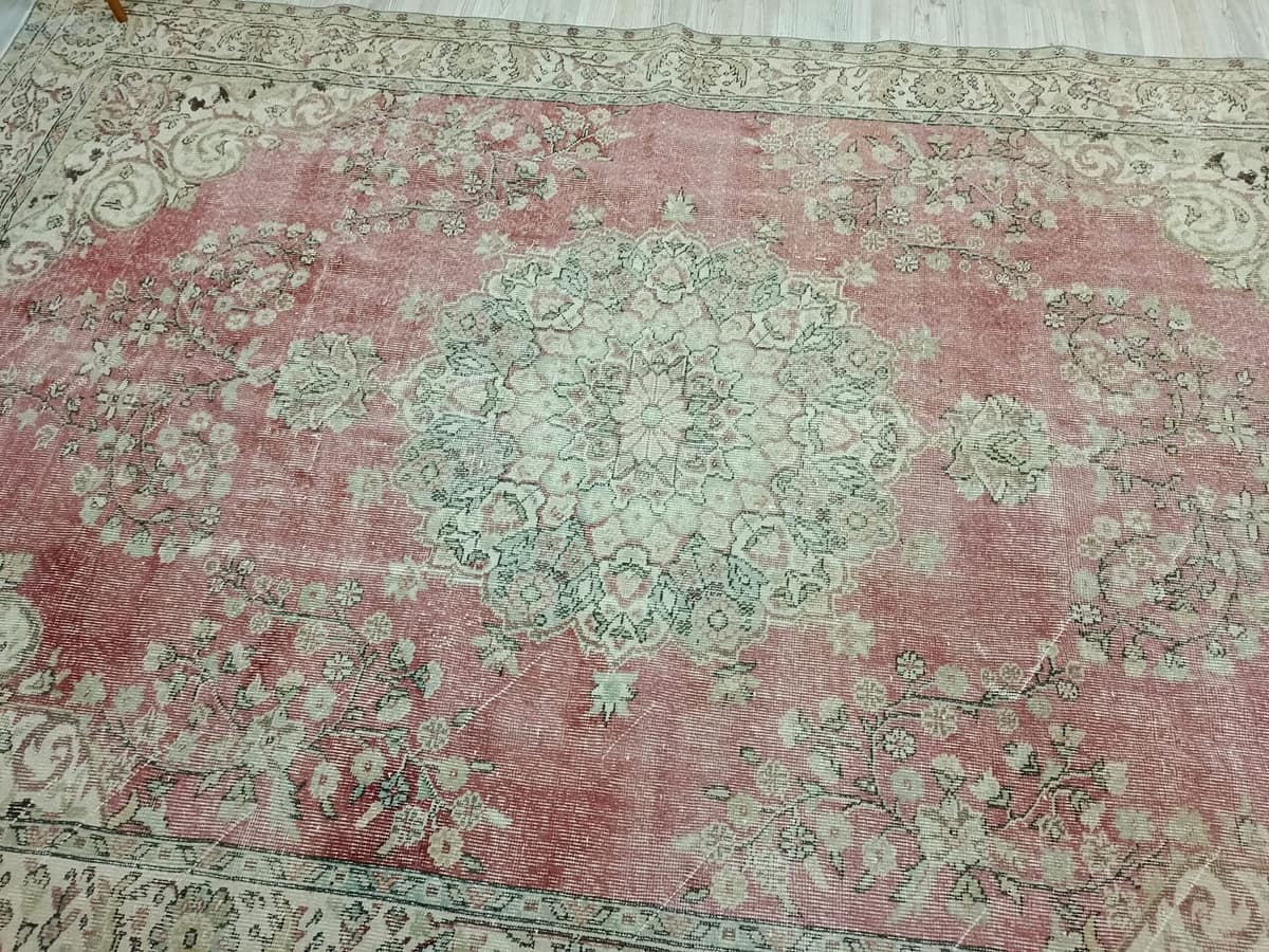 Natural Wool Distressed Rug — detail view 4, handmade vintage rug