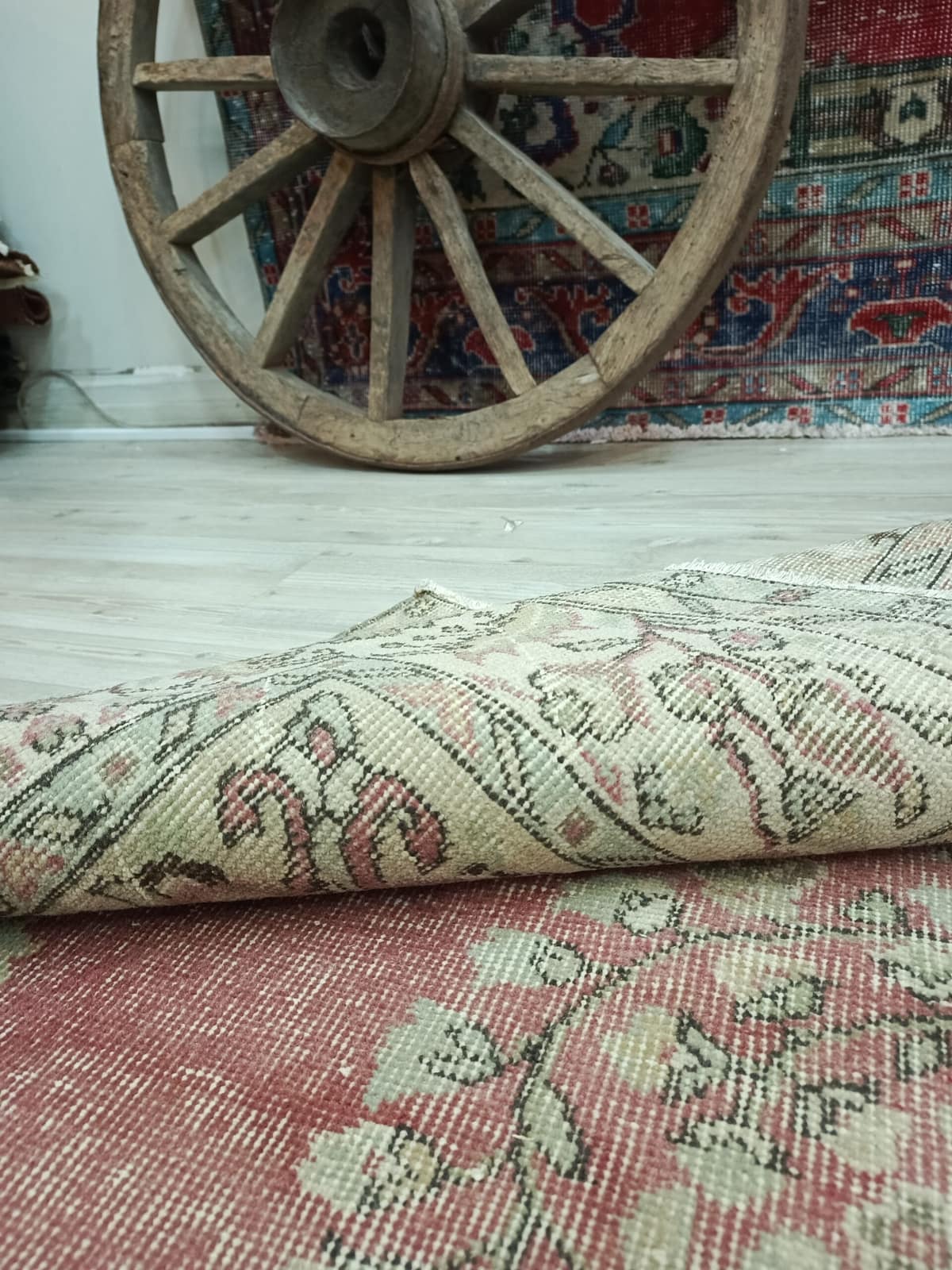 Natural Wool Distressed Rug — detail view 3, handmade vintage rug