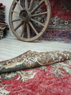 Distressed 100% Wool Rug — detail view 2, handmade vintage rug