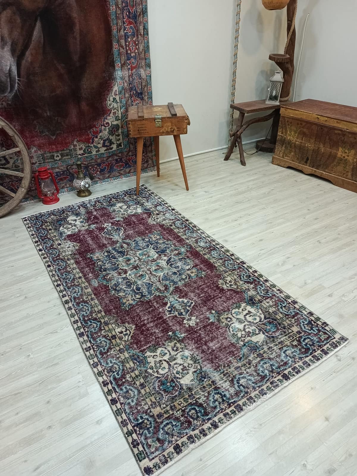 Distressed Vintage Hand-Woven Rug, vintage rug, Handmade, hand-knotted wool, cotton & silk, size 105 × 210 cm, from Cappadocia