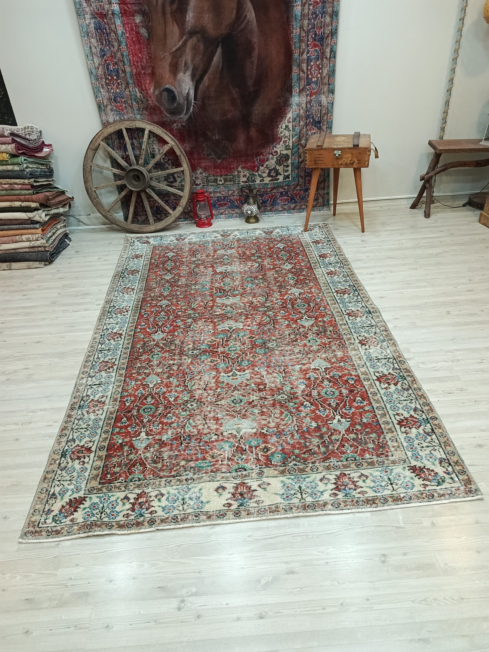 Wool & Cotton Distressed Rug — detail view 2, handmade vintage rug