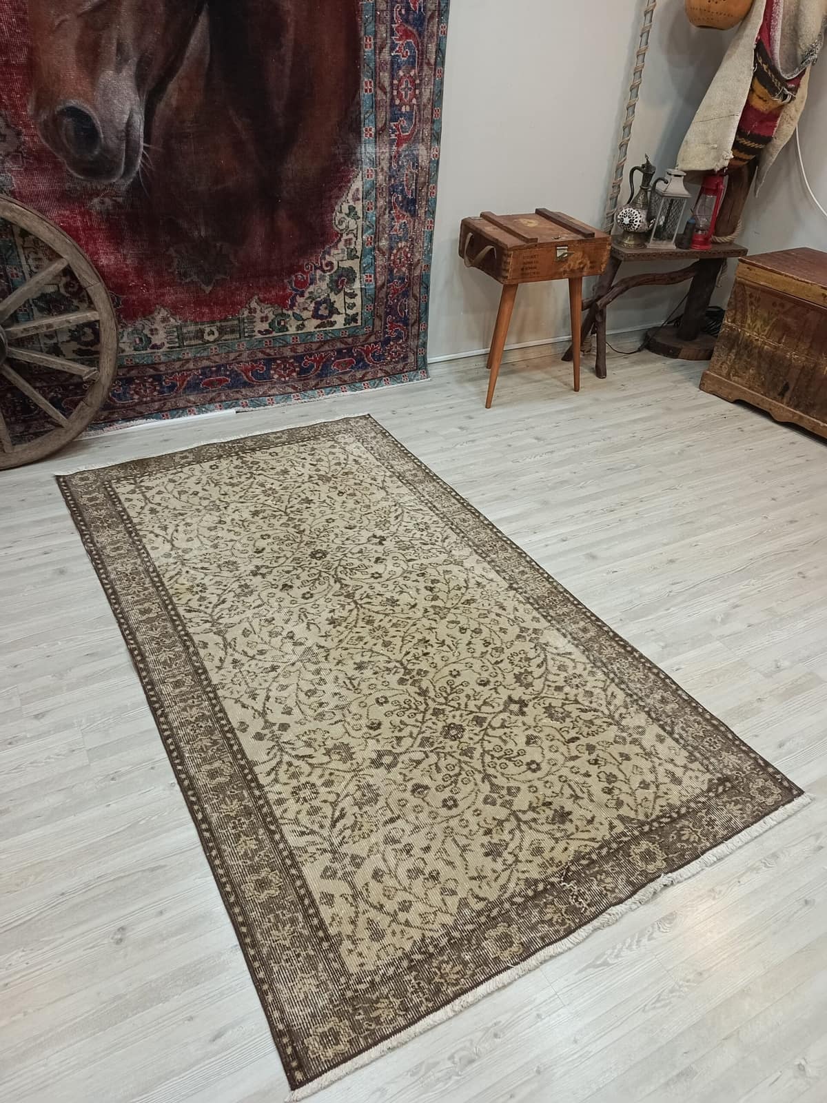 100% Wool Handwoven Vintage Rug, vintage rug, Handmade, hand-knotted wool & silk, size 114 × 206 cm, from Bursa