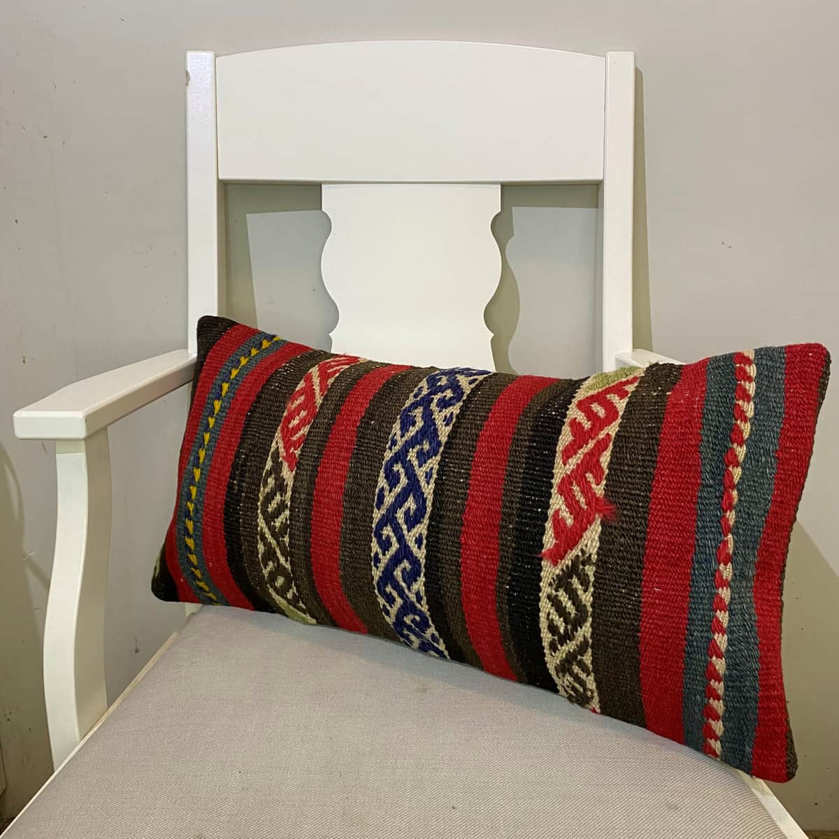 Hand-Woven Patchwork Pillowcase, Kilim rug, wool wool/weave, size 30 × 60 cm, from Konya, SKU 577