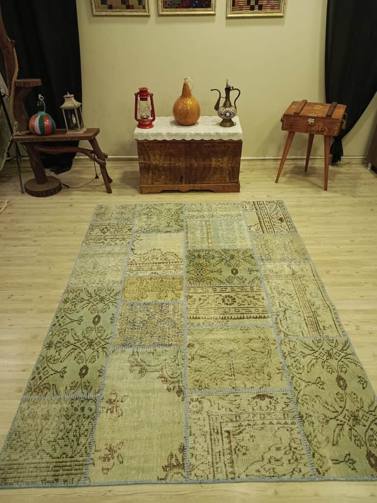 Vintage Handwoven Patchwork Rug, Handmade rug, silk wool/weave, size 215 × 160 cm, from Gaziantep, SKU 6525