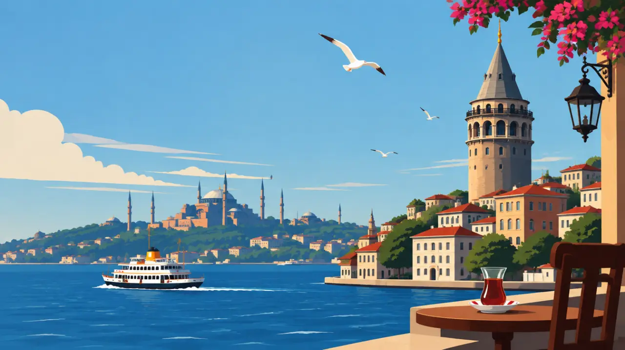 Illustrated view of Istanbul’s waterfront and mosques — where Sempati Hali’s try-at-home service operates