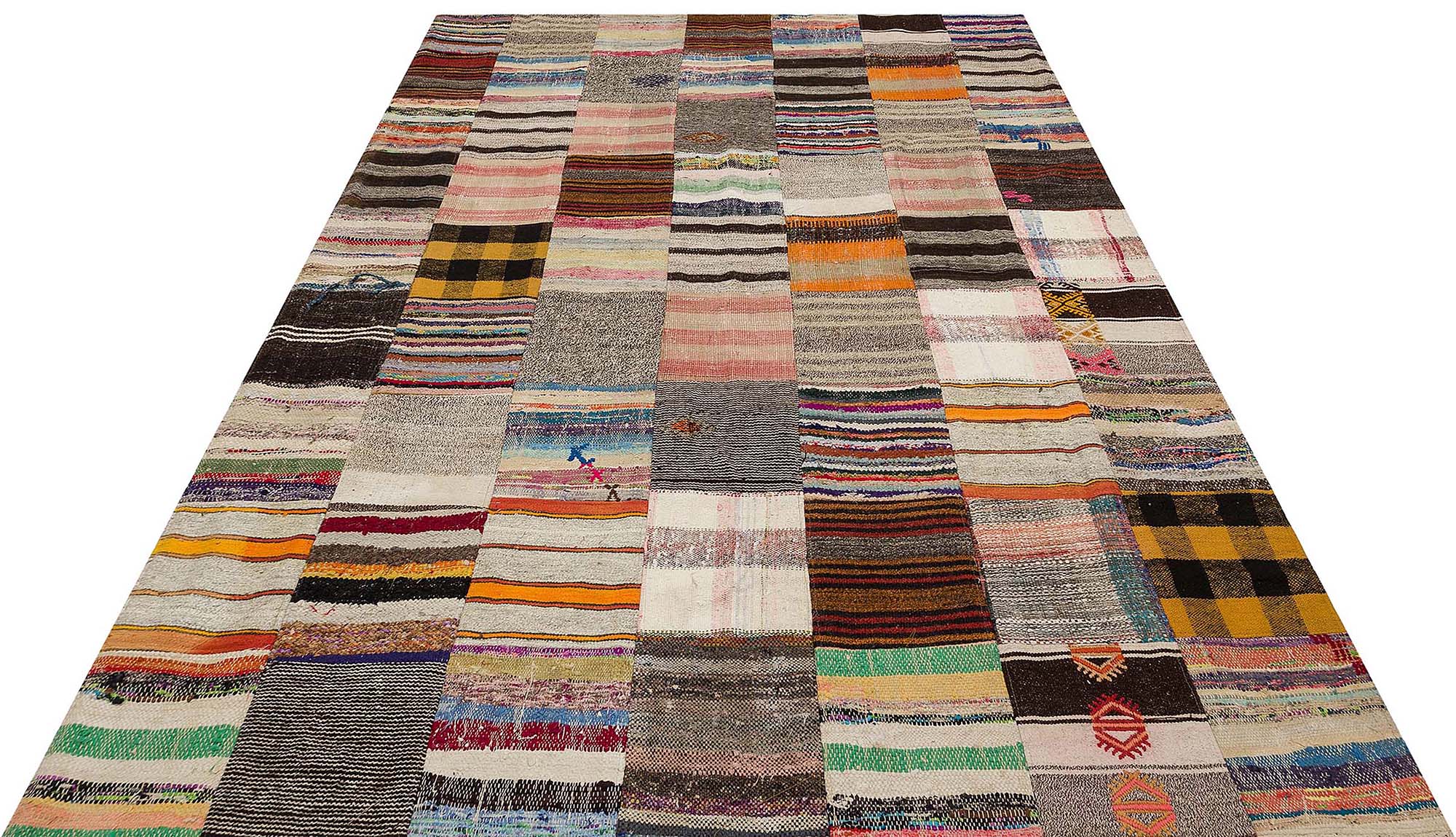 Classic Modern Patchwork Distressed Handwoven Rug, Handmade rug, silk wool/weave, size 203 × 303 cm, from Antalya, SKU 6153