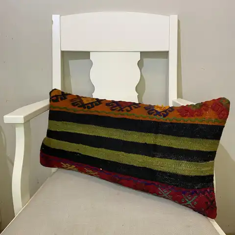 Hand-Woven Patchwork Pillowcase, Kilim rug, wool wool/weave, size 30 × 60 cm, from Cappadocia, SKU 569