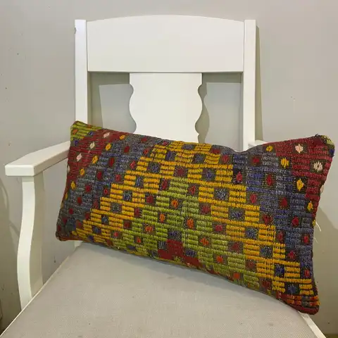 Hand-Woven Patchwork Pillowcase, Kilim rug, wool & silk wool/weave, size 30 × 60 cm, from Kars, SKU 609