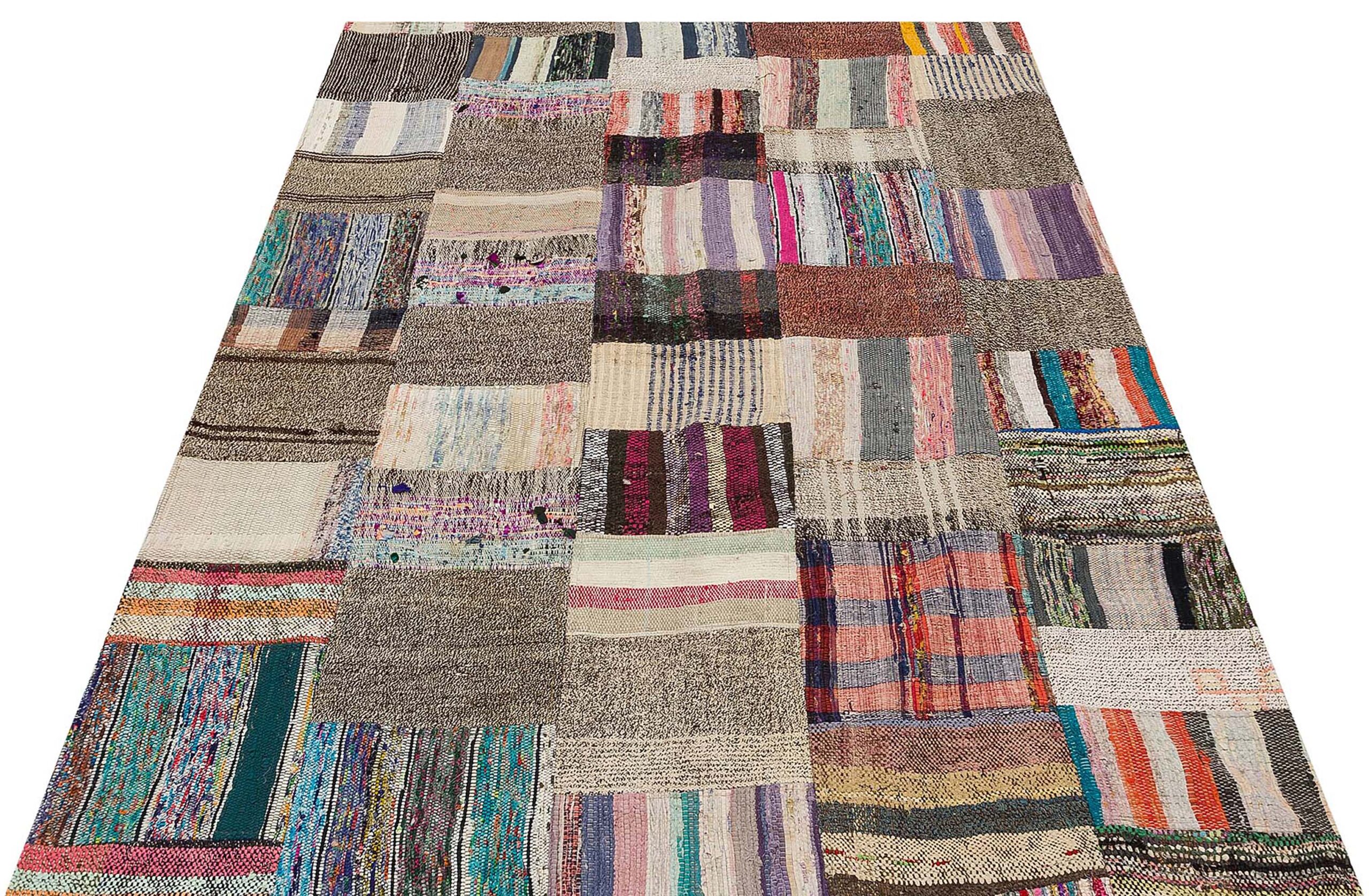 Patchwork Distressed Hand-Woven Rug, Handmade rug, wool, cotton & silk wool/weave, size 141 × 196 cm, from Hereke, SKU 6128