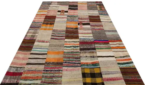 Vintage Patchwork 100% Handwoven Rug, Handmade rug, wool, cotton & silk wool/weave, size 202 × 300 cm, from Hereke, SKU 6166