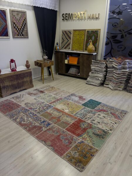 Vintage-Style Handwoven Patchwork Rug, Handmade rug, wool, cotton & silk wool/weave, size 162 × 232 cm, from Ladik, SKU 4007